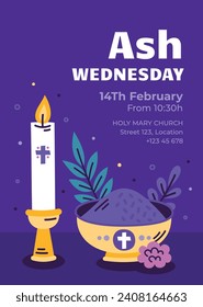 Happy Ash Wednesday background. Ash Wednesday celebration. Christian holy day of prayer and fasting. Cartoon Vector illustration design for Poster, Banner, Post, Flyer, Card, Cover. February 14.