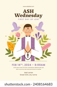 Happy Ash Wednesday background. Ash Wednesday celebration. Christian holy day of prayer and fasting. Cartoon Vector illustration design for Poster, Banner, Post, Flyer, Card, Cover. February 14.