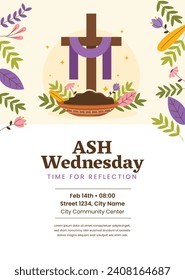 Happy Ash Wednesday background. Ash Wednesday celebration. Christian holy day of prayer and fasting. Cartoon Vector illustration design for Poster, Banner, Post, Flyer, Card, Cover. February 14.