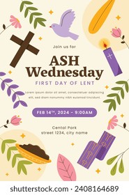 Happy Ash Wednesday background. Ash Wednesday celebration. Christian holy day of prayer and fasting. Cartoon Vector illustration design for Poster, Banner, Post, Flyer, Card, Cover. February 14.