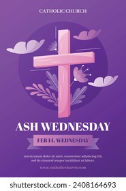 Happy Ash Wednesday background. Ash Wednesday celebration. Christian holy day of prayer and fasting. Cartoon Vector illustration design for Poster, Banner, Post, Flyer, Card, Cover. February 14.