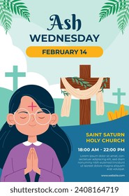 Happy Ash Wednesday background. Ash Wednesday celebration. Christian holy day of prayer and fasting. Cartoon Vector illustration design for Poster, Banner, Post, Flyer, Card, Cover. February 14.