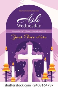 Happy Ash Wednesday background. Ash Wednesday celebration. Christian holy day of prayer and fasting. Cartoon Vector illustration design for Poster, Banner, Post, Flyer, Card, Cover. February 14.