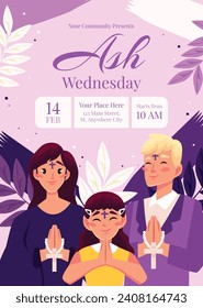 Happy Ash Wednesday background. Ash Wednesday celebration. Christian holy day of prayer and fasting. Cartoon Vector illustration design for Poster, Banner, Post, Flyer, Card, Cover. February 14.