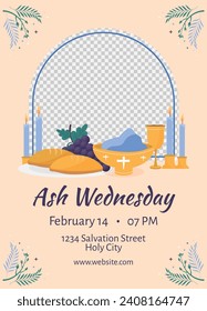 Happy Ash Wednesday background. Ash Wednesday celebration. Christian holy day of prayer and fasting. Cartoon Vector illustration design for Poster, Banner, Post, Flyer, Card, Cover. February 14.