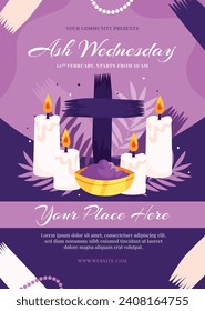 Happy Ash Wednesday background. Ash Wednesday celebration. Christian holy day of prayer and fasting. Cartoon Vector illustration design for Poster, Banner, Post, Flyer, Card, Cover. February 14.