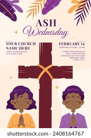 Happy Ash Wednesday background. Ash Wednesday celebration. Christian holy day of prayer and fasting. Cartoon Vector illustration design for Poster, Banner, Post, Flyer, Card, Cover. February 14.