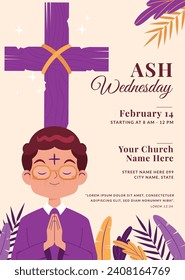 Happy Ash Wednesday background. Ash Wednesday celebration. Christian holy day of prayer and fasting. Cartoon Vector illustration design for Poster, Banner, Post, Flyer, Card, Cover. February 14.