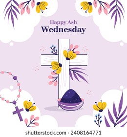 Happy Ash Wednesday background. Ash Wednesday celebration. Christian holy day of prayer and fasting. Cartoon Vector illustration design for Poster, Banner, Post, Flyer, Card, Cover. February 14.