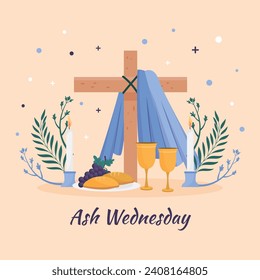 Happy Ash Wednesday background. Ash Wednesday celebration. Christian holy day of prayer and fasting. Cartoon Vector illustration design for Poster, Banner, Post, Flyer, Card, Cover. February 14.