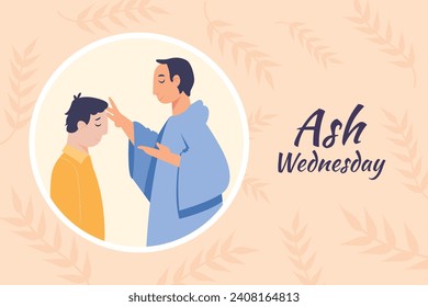 Happy Ash Wednesday background. Ash Wednesday celebration. Christian holy day of prayer and fasting. Cartoon Vector illustration design for Poster, Banner, Post, Flyer, Card, Cover. February 14.