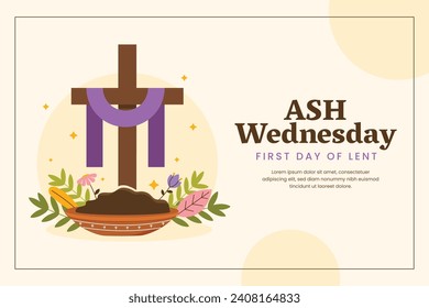 Happy Ash Wednesday background. Ash Wednesday celebration. Christian holy day of prayer and fasting. Cartoon Vector illustration design for Poster, Banner, Post, Flyer, Card, Cover. February 14.