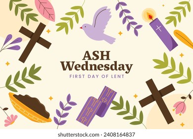 Happy Ash Wednesday background. Ash Wednesday celebration. Christian holy day of prayer and fasting. Cartoon Vector illustration design for Poster, Banner, Post, Flyer, Card, Cover. February 14.