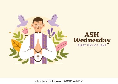 Happy Ash Wednesday background. Ash Wednesday celebration. Christian holy day of prayer and fasting. Cartoon Vector illustration design for Poster, Banner, Post, Flyer, Card, Cover. February 14.