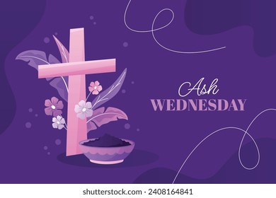 Happy Ash Wednesday background. Ash Wednesday celebration. Christian holy day of prayer and fasting. Cartoon Vector illustration design for Poster, Banner, Post, Flyer, Card, Cover. February 14.