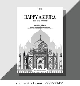 happy ashura flyer poster grayscale outlines mosque vector background