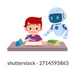 Happy Asian Boy Learning with Robot Assistant Guiding Him While Writing in a Book at a Desk