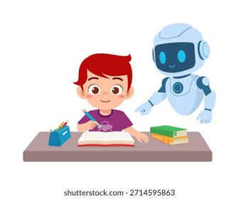 Feliz garoto asiático aprendendo com assistente robô guiando-o enquanto escrevia em um livro em uma mesa