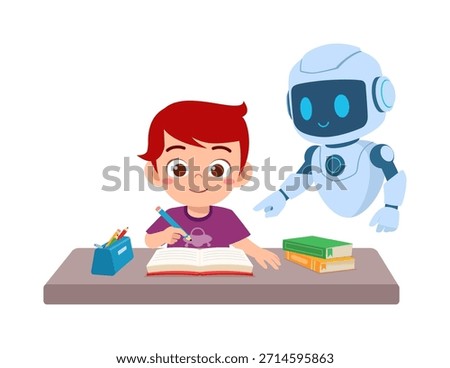 Happy Asian Boy Learning with Robot Assistant Guiding Him While Writing in a Book at a Desk