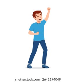 Happy Asian boy raising one arm with excited expression in illustration full body shot