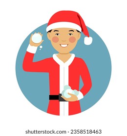 Happy Asian boy throwing snowball flat vector circle icon. Young boy dressed in red Santa Claus costume isolated on white background. Children activities, Christmas, holiday concept