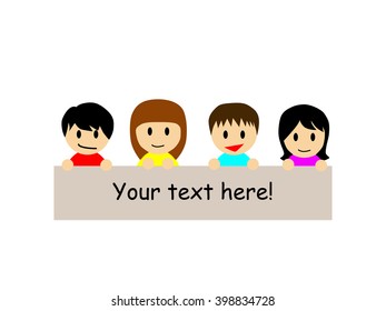Happy asian boys and girls holding a empty banner on which your own text can be put
