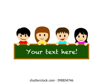 Happy asian boys and girls holding a empty blackboard on which your own text can be put