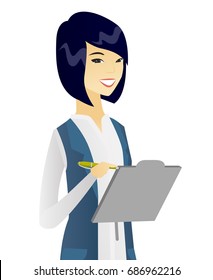 Happy asian business woman holding clipboard and taking some notes. Young smiling business woman writing on clipboard. Vector flat design illustration isolated on white background.