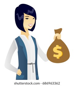 Happy asian business woman showing a money bag with dollar sign. Young successful business woman holding a money bag. Vector flat design illustration isolated on white background.