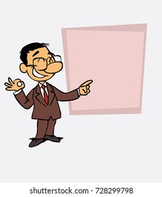 Happy asian businessman makes the gesture of ok. Is showing, as in a presentation, the data you want.
