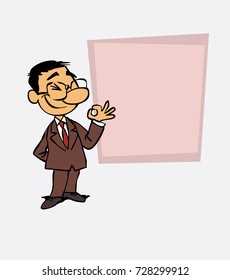 Happy asian businessman makes the gesture of ok. Is showing, as in a presentation, the data you want.
