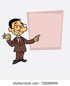 Happy asian businessman makes the gesture of ok. Is showing, as in a presentation, the data you want.
