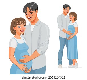 Happy Asian couple expecting a baby. Caring husband holding belly of his pregnant wife. Cartoon vector illustration isolated on white background.