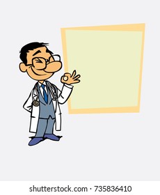 Happy asian doctor makes the gesture of ok. Is showing, as in a presentation, the data you want.