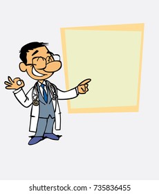 Happy asian doctor makes the gesture of ok. Is showing, as in a presentation, the data you want.