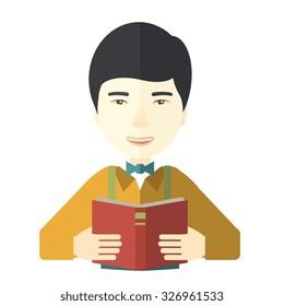 A happy Asian doctor reading a book vector flat design illustration isolated on white background. Square layout.