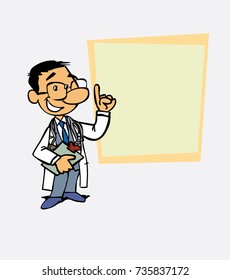 happy asian doctor is showing, as in a presentation, the data you want. He has a folder in his hand.
