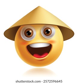 Happy asian emoji clipart 3d character. Asian emoji in happy face, smiling, enjoy, laugh and cheerful facial expression with traditional hat headwear. Vector illustration happy emoticon clip art. 
