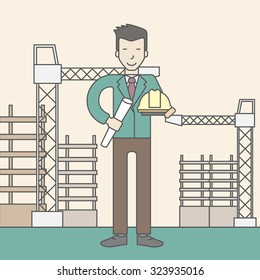 A happy asian engineer holding a hard hat and twisted blueprint on a construction site. Vector line design illustration. Square layout.