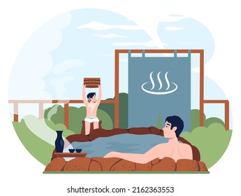 Happy asian family bathing at onsen. Parents with children relaxing in a natural hot spring. Characters taking bath at natural onsen with a mountain view. Flat vector illustration