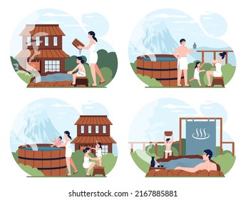 Happy asian family bathing at onsen set. Parents with children relaxing in a natural hot spring. Characters taking bath at natural onsen with a mountain view. Flat vector illustration