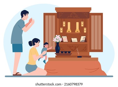 Happy asian family in a daily life. Traditional japanese interior, characters praying together in front of family altar. Flat vector illustration