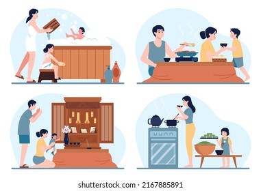 Happy asian family in a daily life. Traditional japanese interior, characters cooking and eating food, bathing together, praying in front of family altar. Flat vector illustration