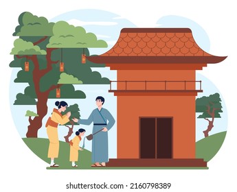 Happy asian family enjoying traditional festivities. Characters wearing yukata walking outside. Family praying in front of sanctuary. Flat vector illustration