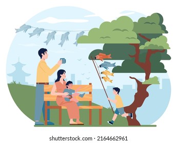 Happy asian family enjoying traditional festivities. Characters walking outside celebrating Tango no Sekku. Family watching carp-shaped windsock. Flat vector illustration