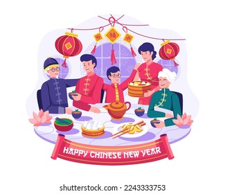 Happy Asian Family gathering is having a reunion dinner and enjoying tasty traditional dishes on Chinese new year's eve. Vector illustration svg