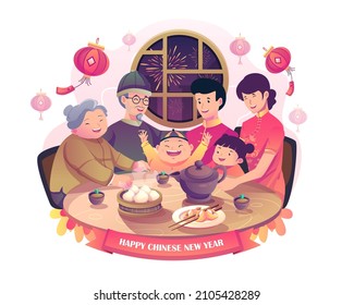 La feliz reunión de la Familia Asiática es una cena de reunión en la víspera del año nuevo chino con una ventana china y faroles colgados en una ilustración vectorial de estilo Flat