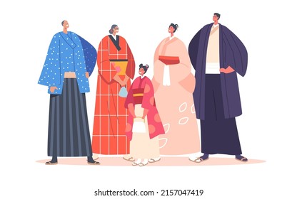 Happy Asian Family Isolated on White Background. Smiling Young and Old Male and Female Characters Parents, Grandparents and Kid Wear Traditional Hanbok or Kimono. Cartoon People Vector Illustration