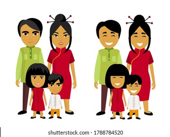 Happy asian family in national dress. Ethnic. Children and parents. Parenting. Father, mother, kids, son, daughter. Dad, daddy. Mom. Kid. Brother, sister. Siblings. Husband, wife. Boy, girl. Couple