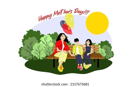 Happy Asian family sits on a park bench in sunny weather with balloons. Family, mothers, childrens, fathers, sons, daughters, siblings day celebration conceptual vector design.